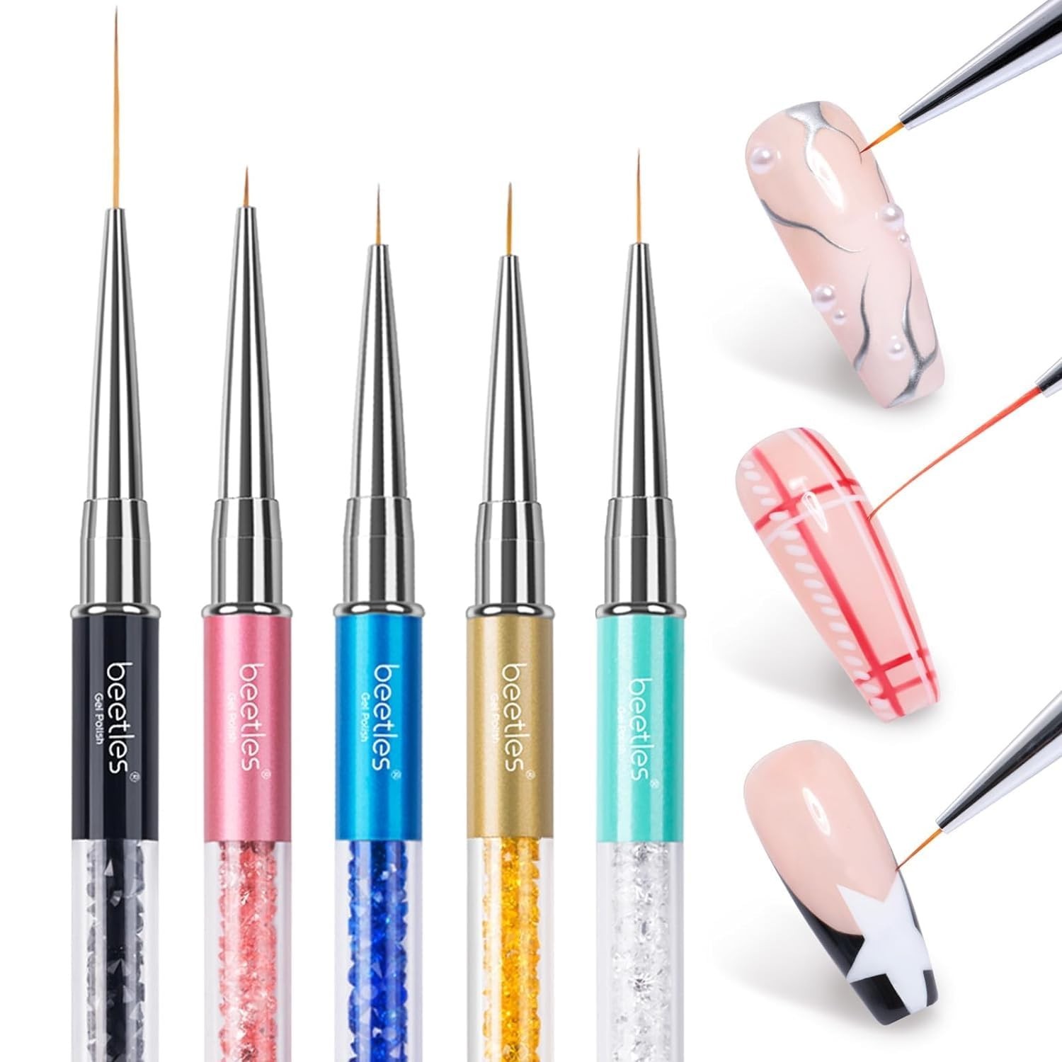 Nail Art Liner Brushes Set 5Pcs for Drawing and Design with Rhinestone Handle