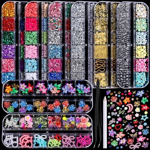 Nail Charms, 8-Box Nail Pink flower petal/clear bubble bead/orange 3D flower