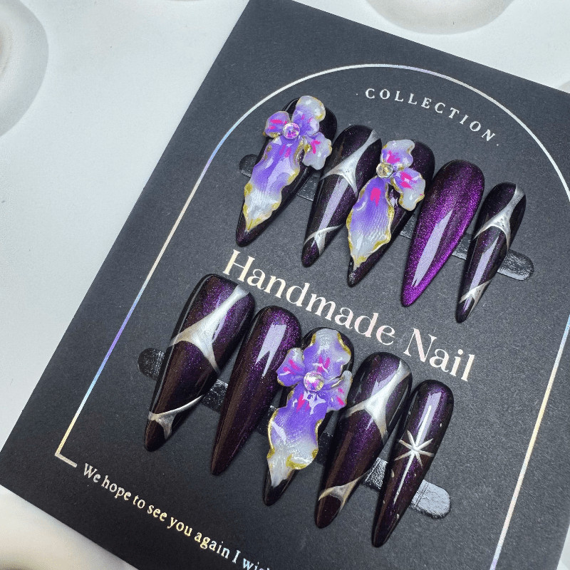 Dark Purple Iris Handmade Press on Nails Glitter 3D Flower Gothic Fake Nails