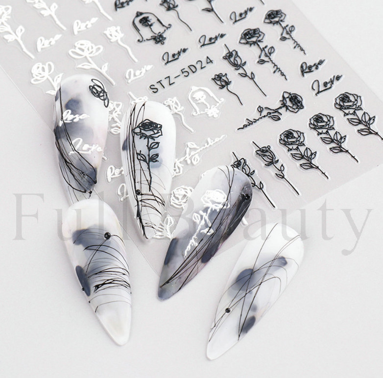 5D Embossed Black White Rose Flower Love Nail Stickers Self-Adhesive Manicure
