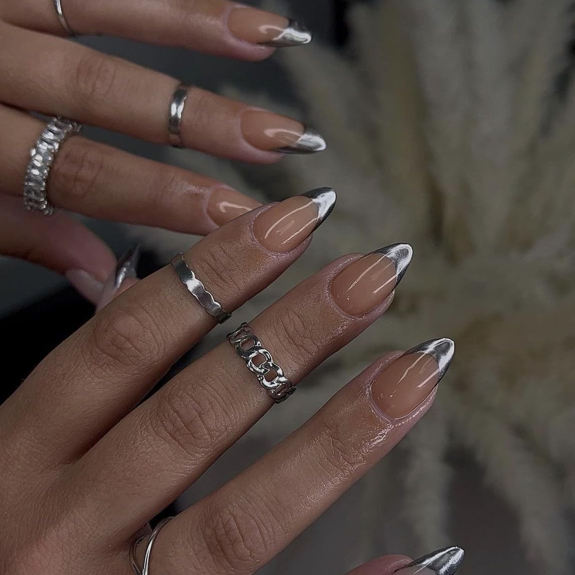 Glazed Donut Silver Gray French Tip Press on Nails Almond, Brown French Chrome N