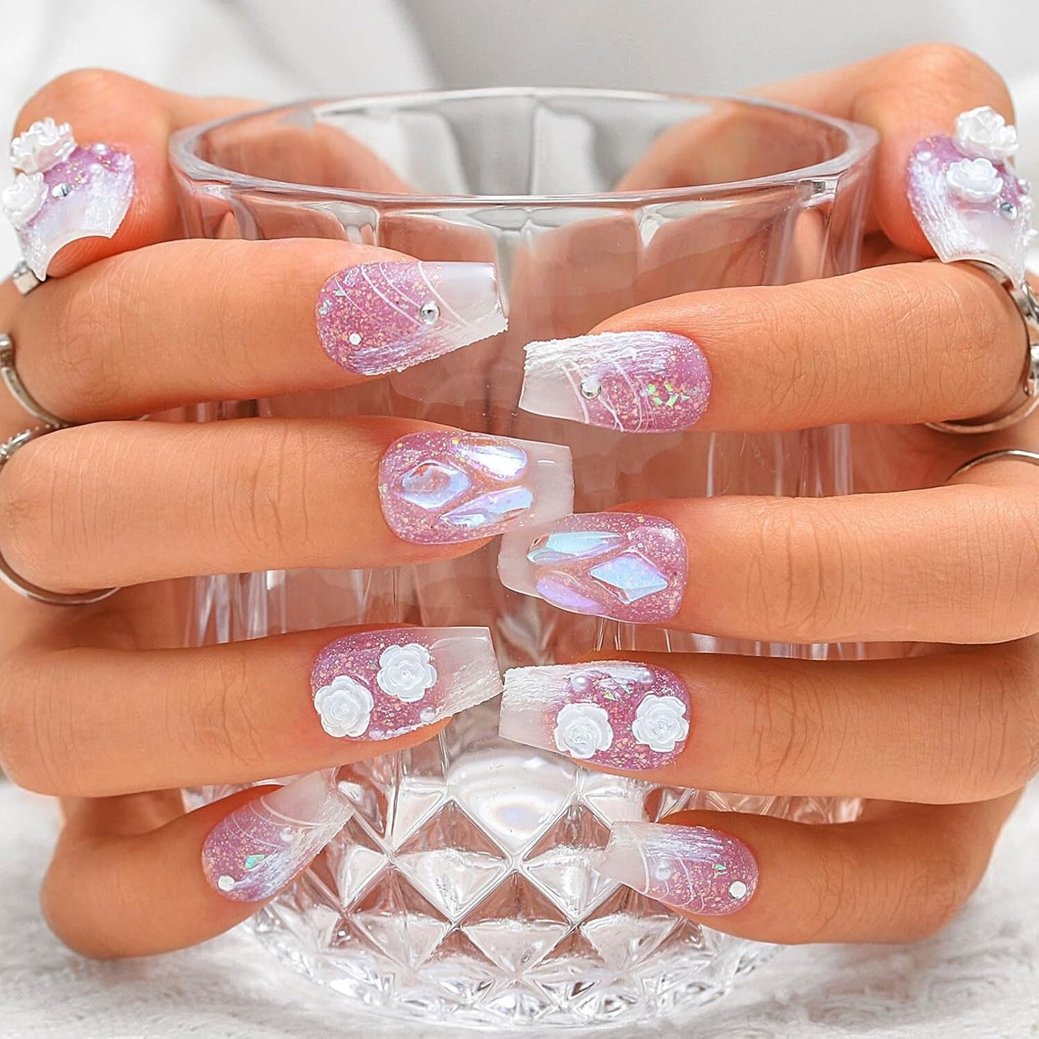 10 Piece 3D Reusable Handmade Press On Nails Elegant Flowers