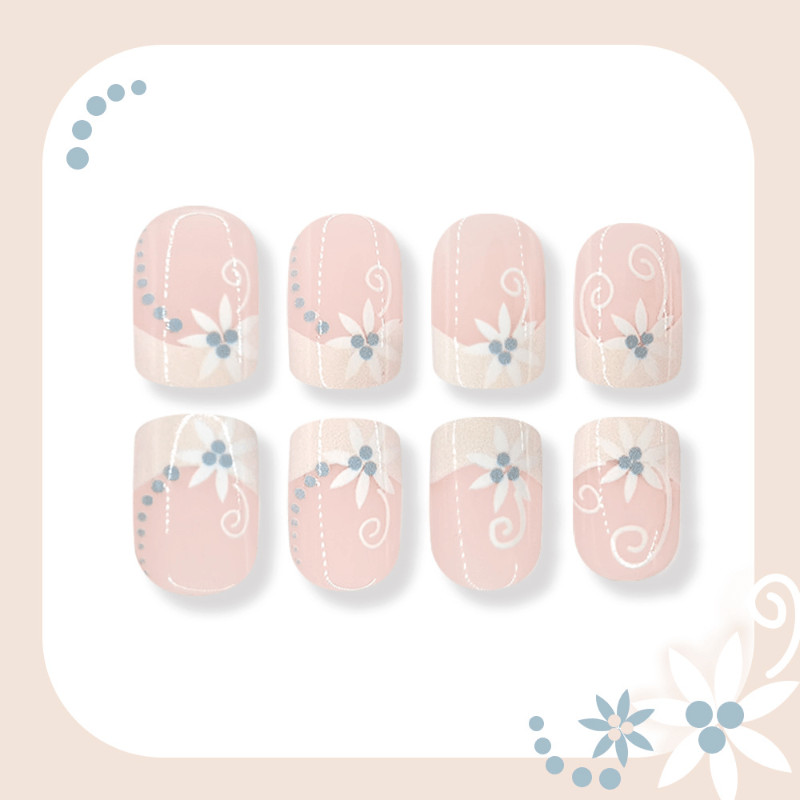 47Pcs-Short Square Nude White French White Floral Swirl Dot Fake Press on Nails