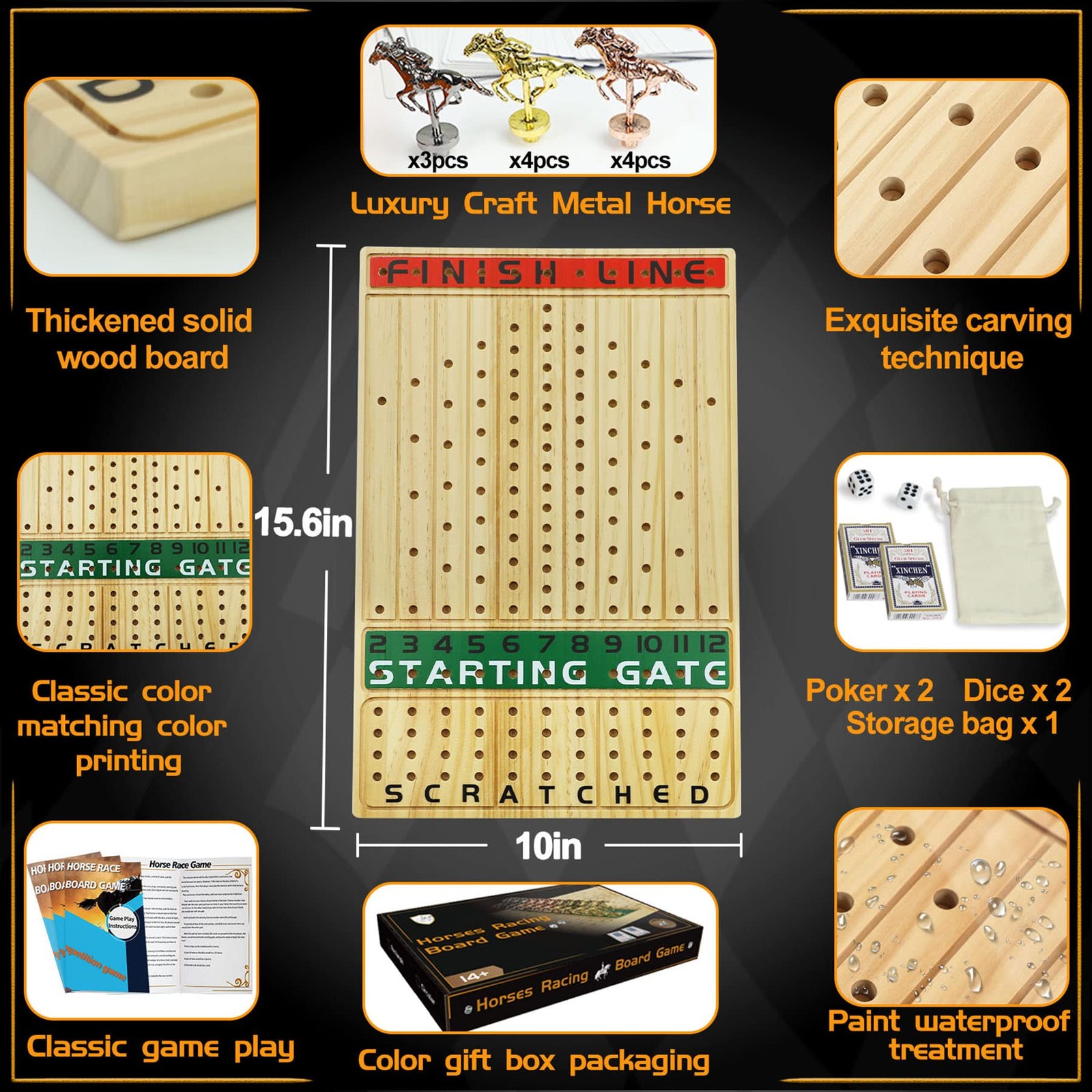 Jyquorp Horse Race Board Game Racing Thickened Solid Rectangle-Log, Log