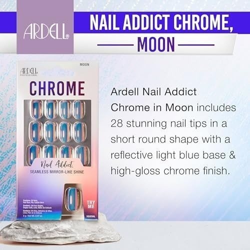 ARDELL Nail Addict Press-On 28 Nails CHROME Short Oval MOON Iridescent Blue