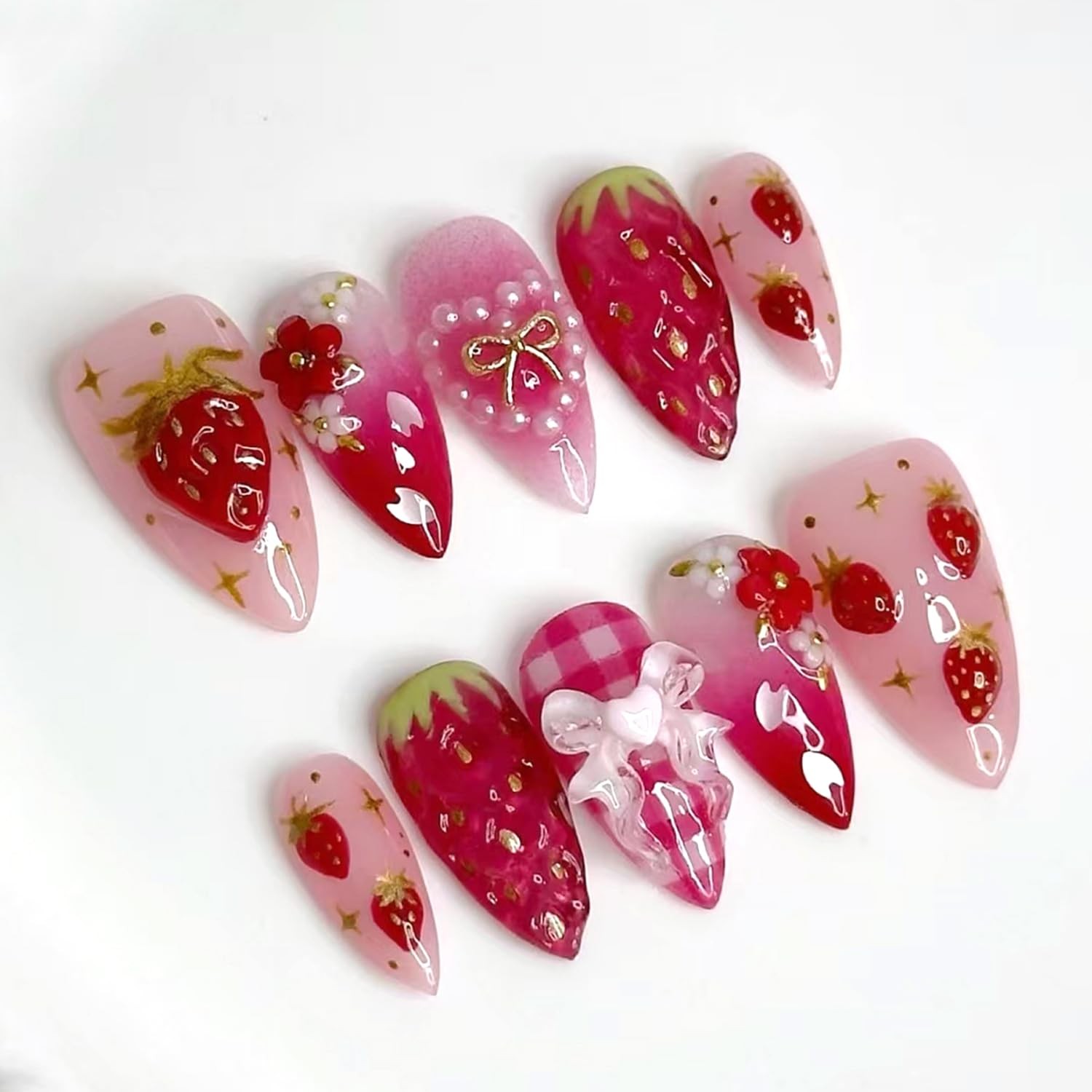 24Pcs Strawberry Flower Press on Nails Almond, Moderate Thickness, Colorful