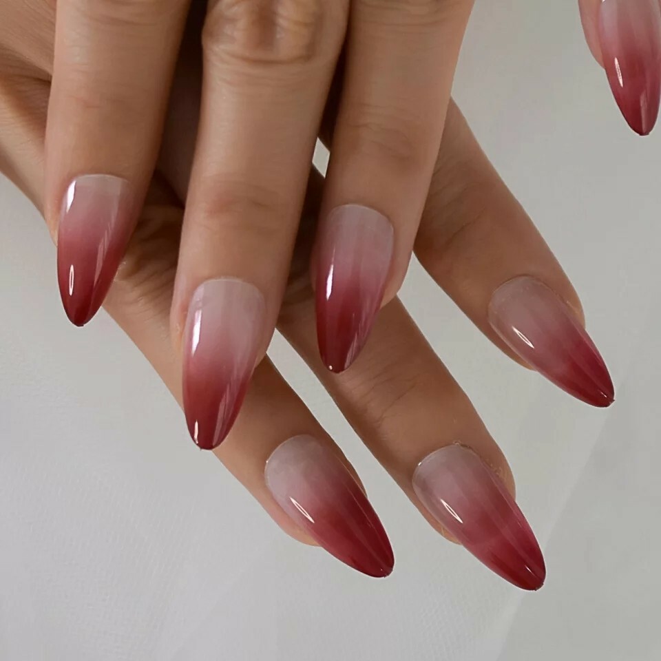 24 Ombre Rose Press On Nails w/ Glue Nude red pointed almond stiletto goth