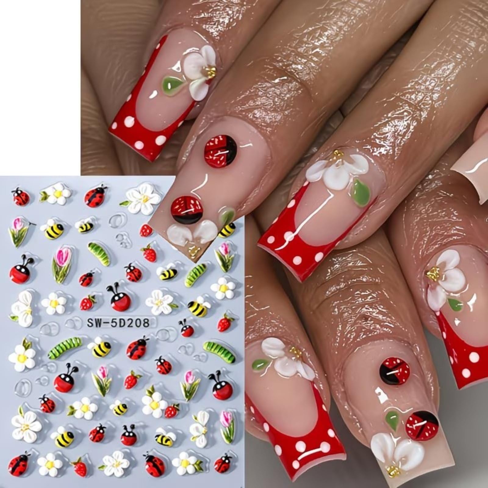 Spring Nail Art Stickers 5D Embossed Flower Nail Deals Bee Floral Ladybug Str…