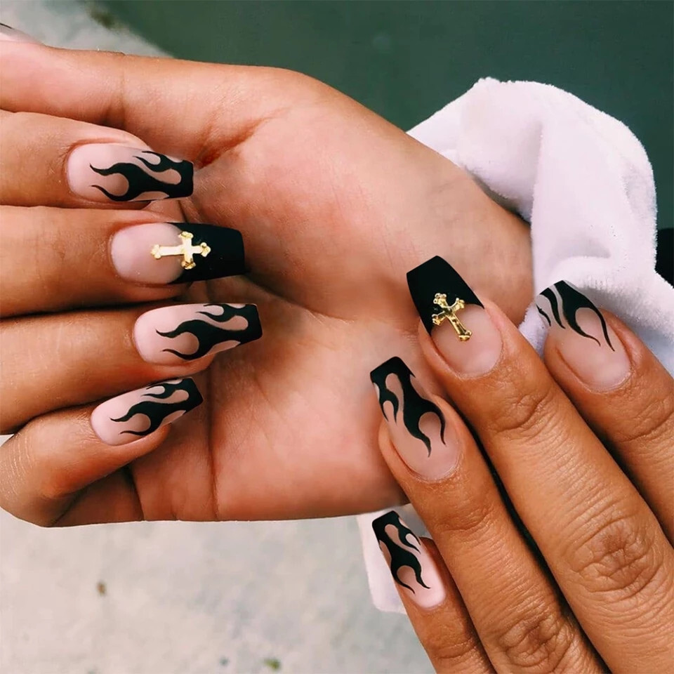 24 Medium Press on nails kit w glue Mid Matte black flame crucifix cross goth