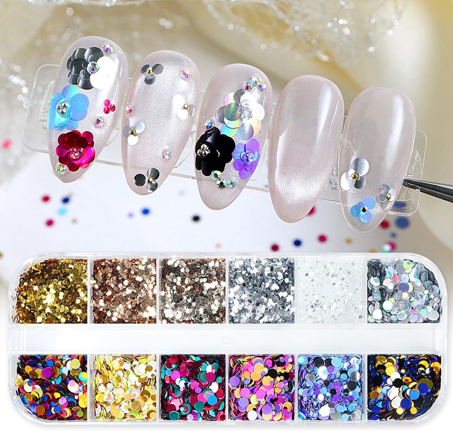 12 Grids Polka Dot Round Sequins Mixed with Colorful Nail Art Glitter Kit – Colo