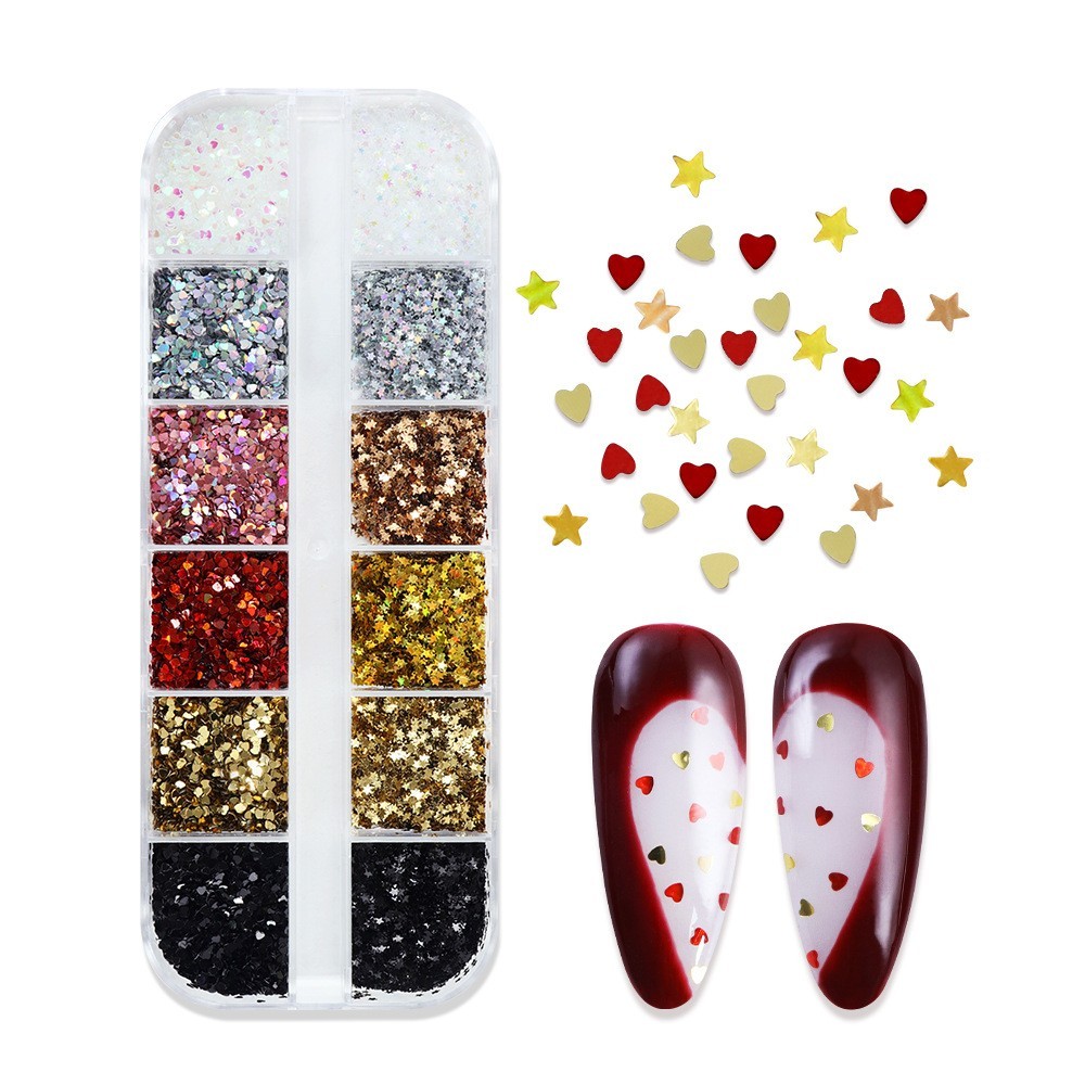 12 Grids Nail Art Sequins 1 mm Glitter Flakes Nails ~ Star Love Heart Shape