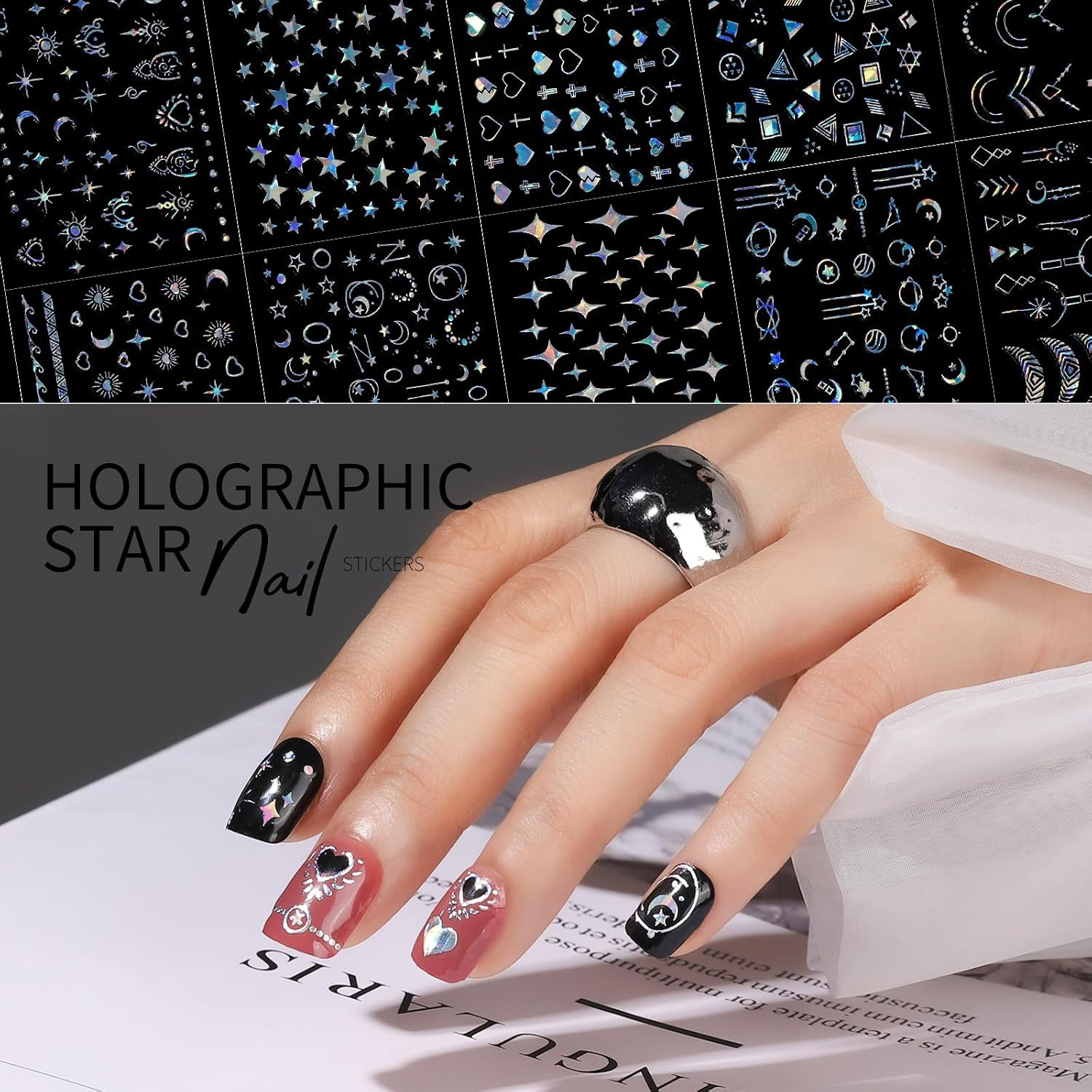50 Sheets Aurora Nail Stickers for Nail Art, Star Nail Art Stickers for Kids Wom