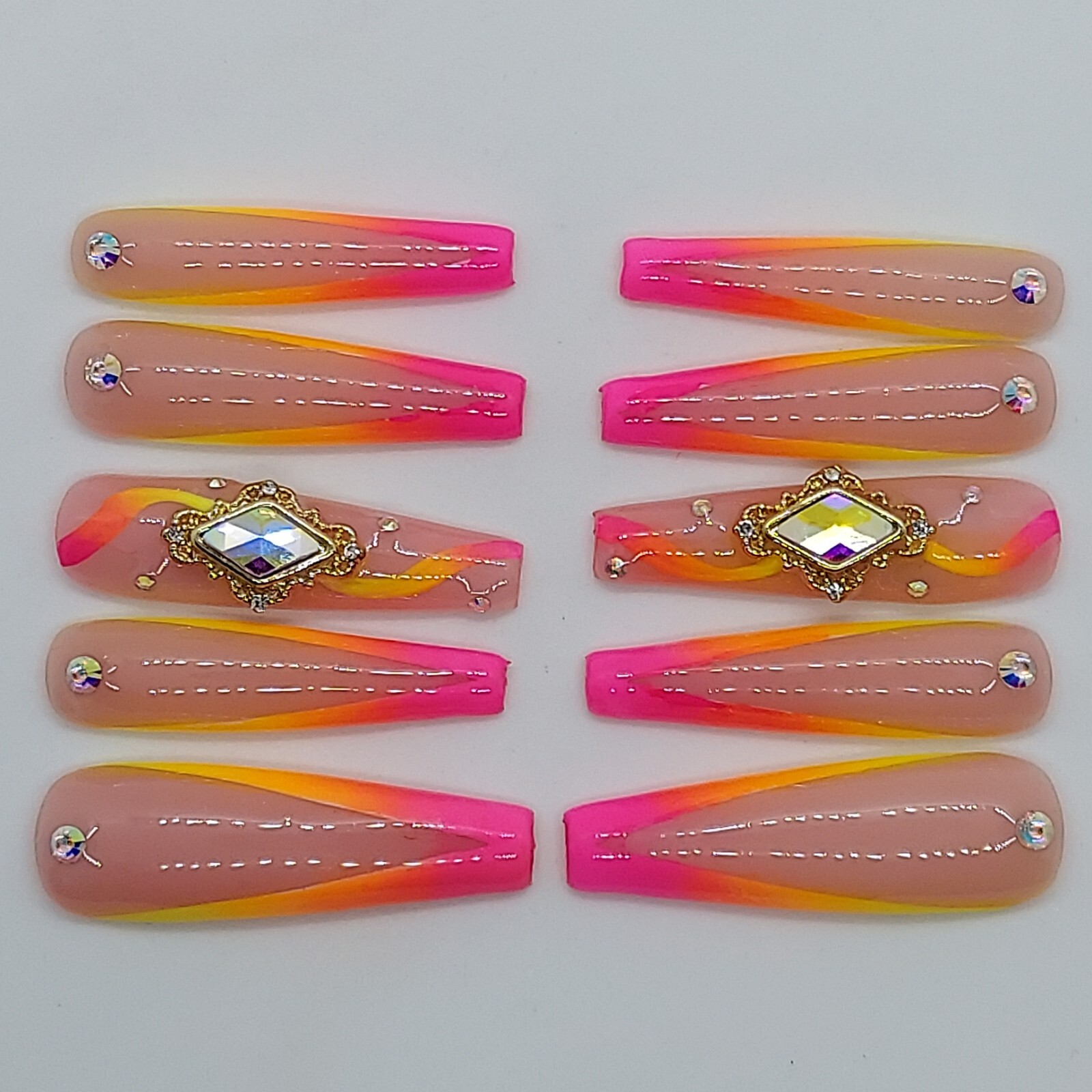 Tropical Nude Ombre Sunset Vacation Orange Pink Rhinestone Press on Nails