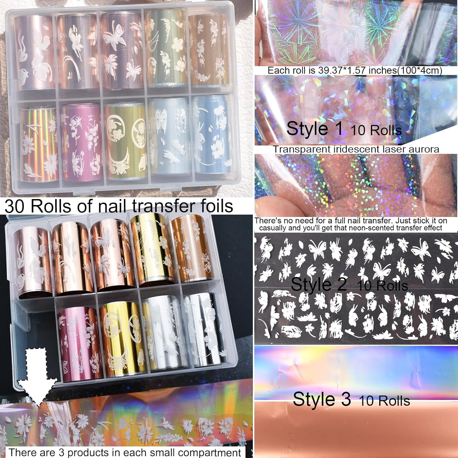 30 Rolls Nail Art Transfer Foils Set,10 Rolls Holographic Laser Aurora Nail Foil