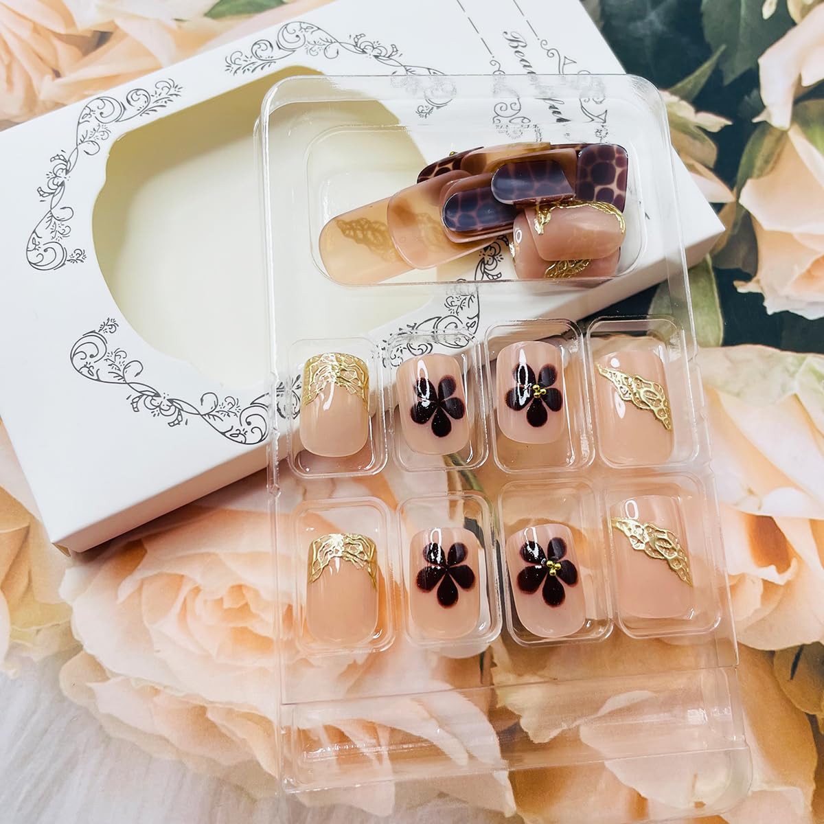 24Pcs Chrome Gold French Tip Press on Nails Short Square ABS Material False Nail