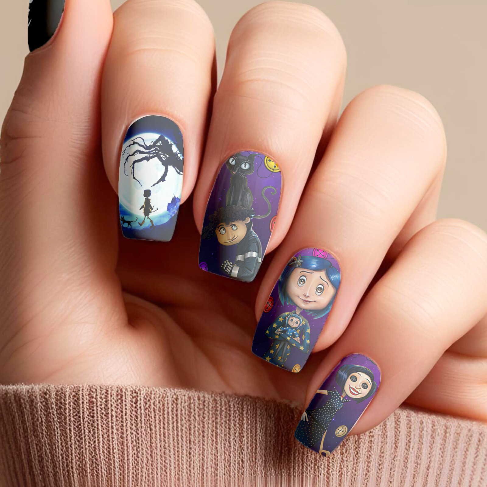 Coraline Jones Halloween Nail Decals Water Transfer Nail Wraps