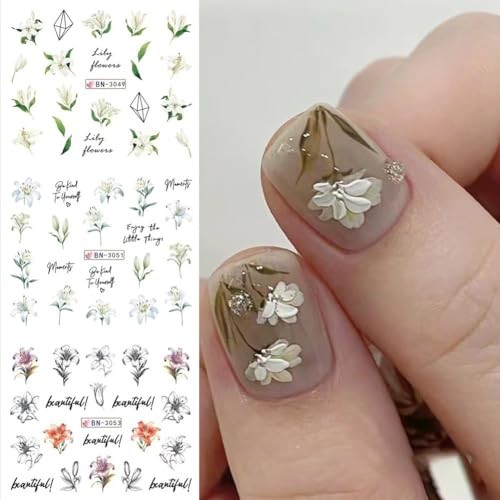 12 Sheetss Nail Stickers Water Transfer Decals Slider Art Lily Flower
