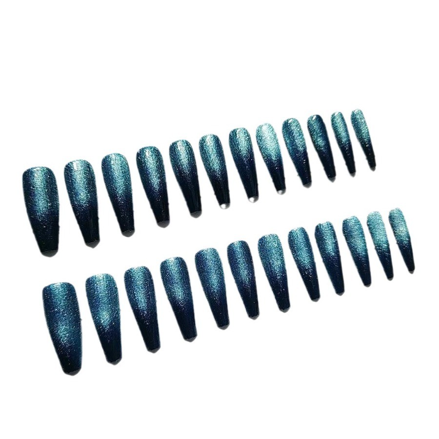 48pcs Long Taper Press on Nails, Black Teal Aurora Silver Glitter Ombre Nails