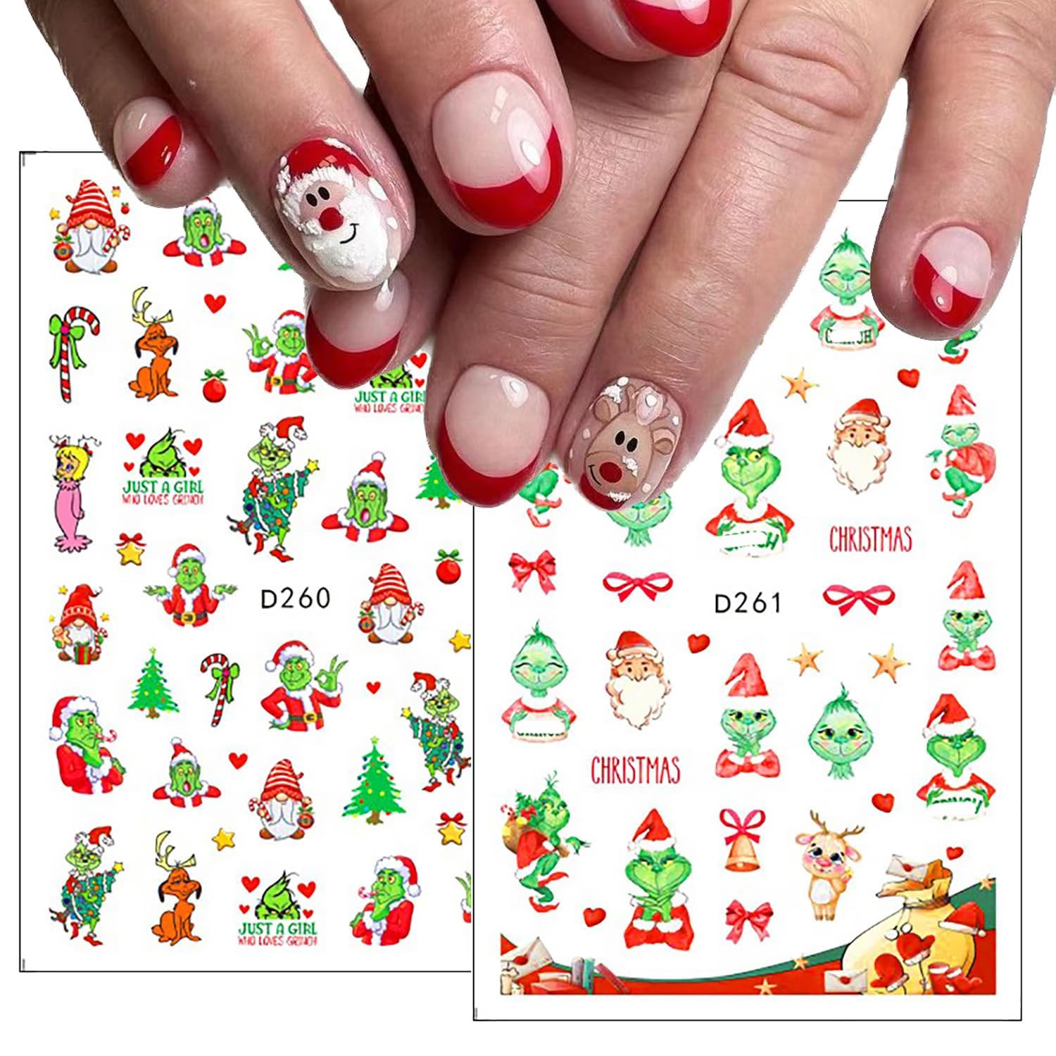 12Sheets Christmas Nail Art Stickers Green Fun Cartoon Santa Claus Designs Na…