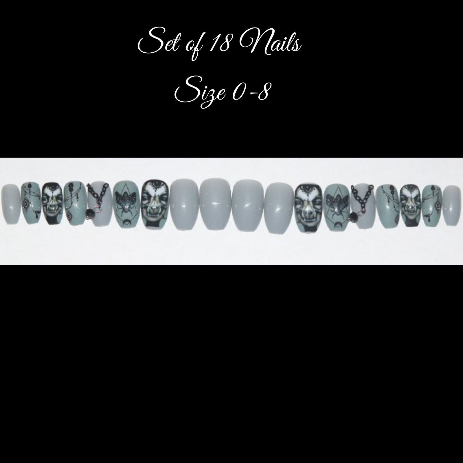 Grey Gothic with black chain and swinging gem- press on nail set- Set of 18
