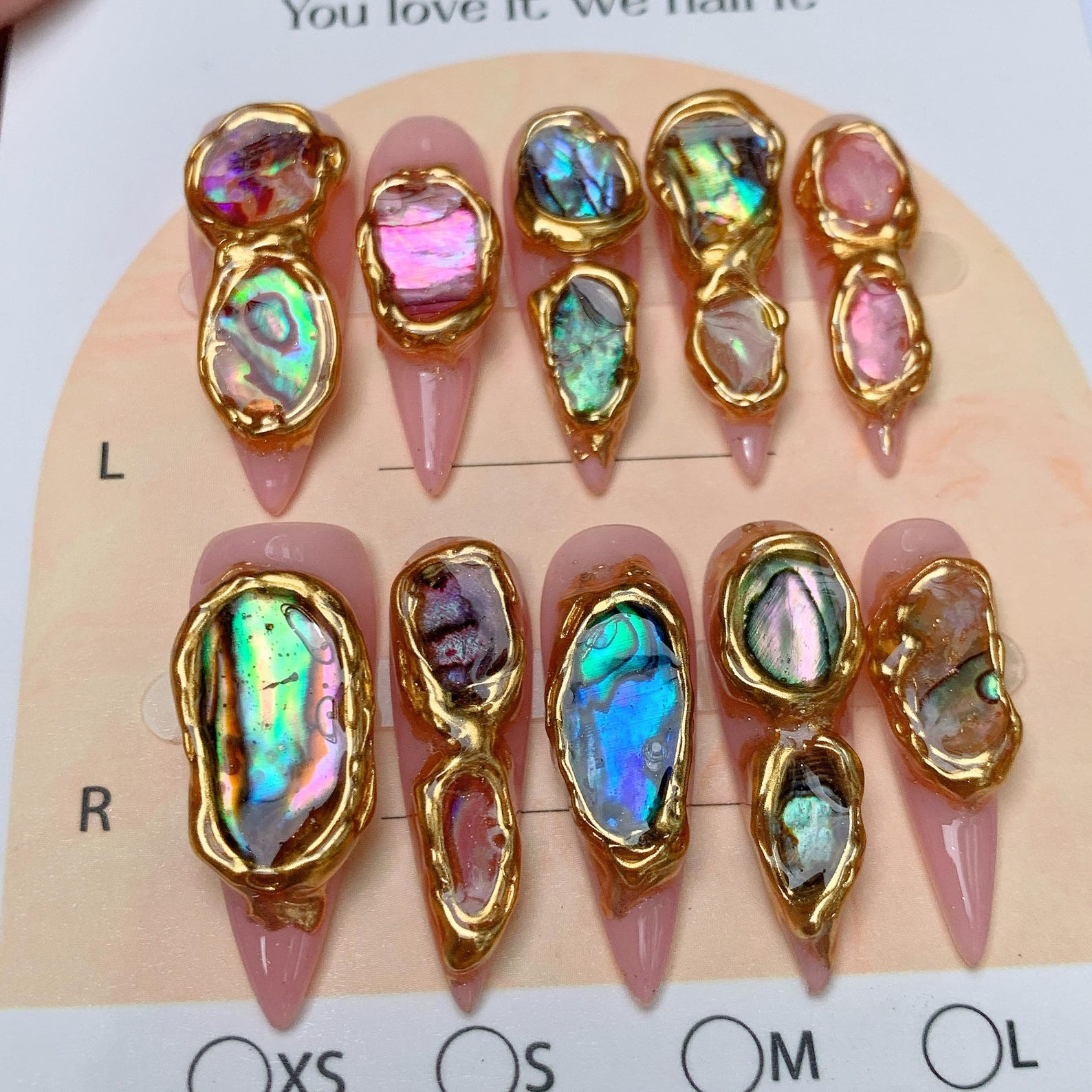 Custom Handmade Press on Nails Abalone Shell Golden Metal Luxury Salon Nail Art