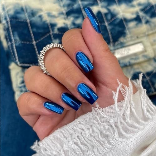Medium Square Metallic Fake Royal Blue Chrome Nails – Medium Square Chrome Press