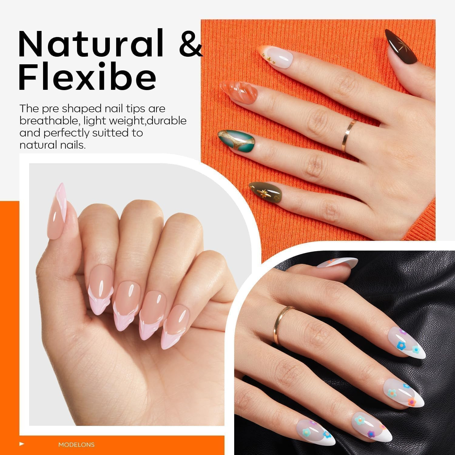 Modelones X Nail Gel Kit Almond, Upgrade 15Sizes Fake Nails, 9-In-One Glue Dehyd
