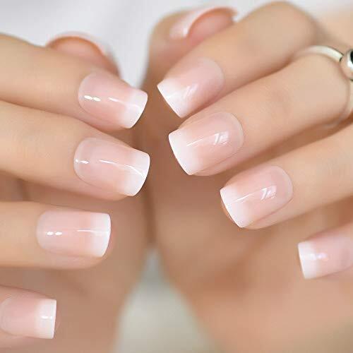 Pink Nude White French Fake Nails Squoval Square UV Gel False Press on Beige