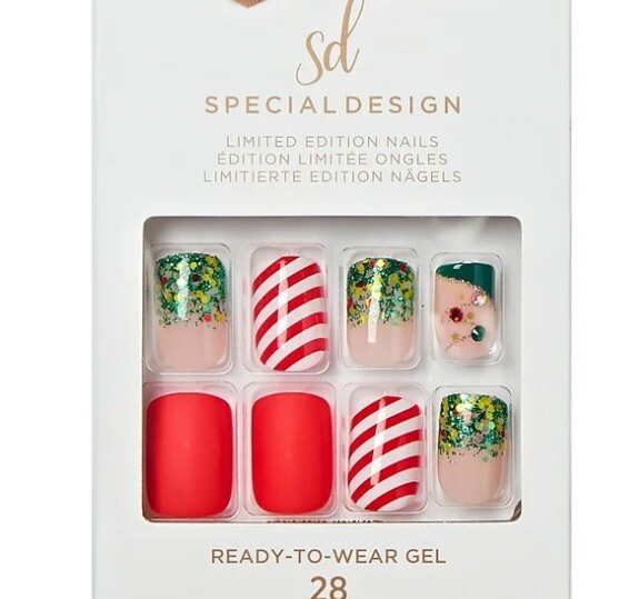 Kiss Nails Sd Glue-On Short Length Christmas Nails Matte Red Glitter Faux Gems