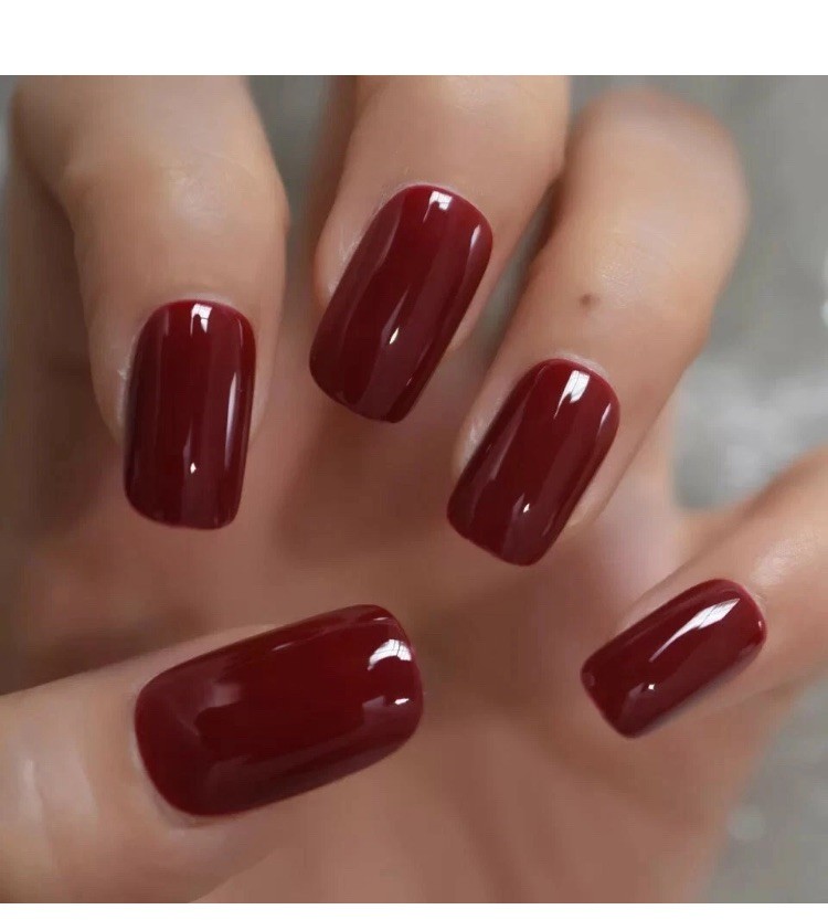 24 Square Cherry Glaze Press on nails kit Glue Dark red burgundy maroon