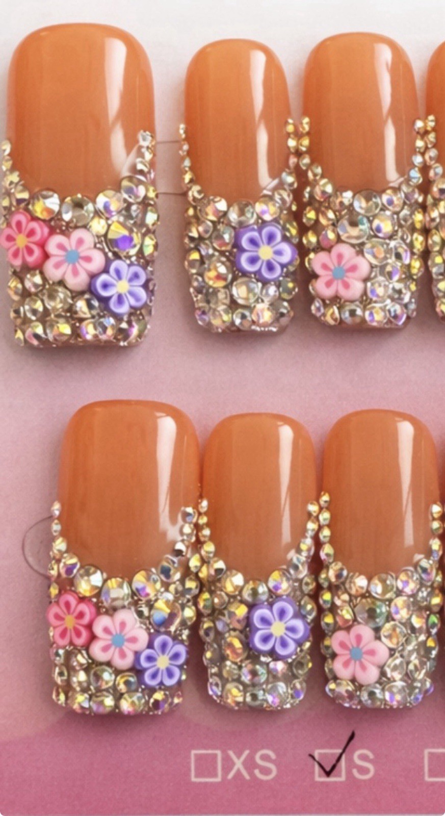 Press On Nails Long Square, French Tip Nude w/Rhinestones, Size: S, Hand Made