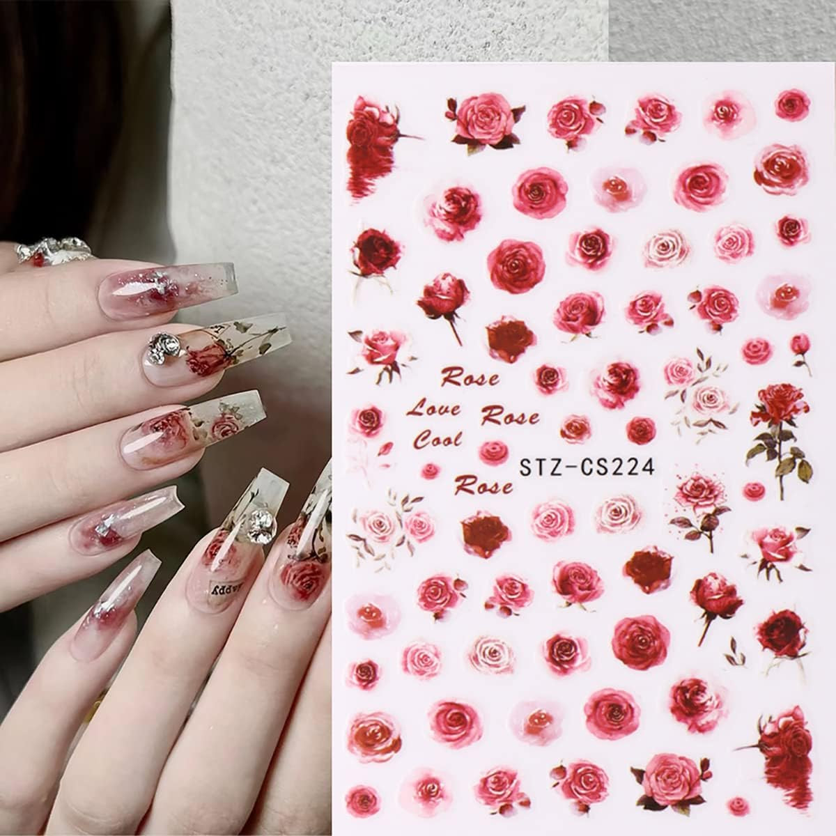 6 Sheets Flower Nail Art Stickers 3D Self-Adhesive Spring Rose Nail Decals Charm