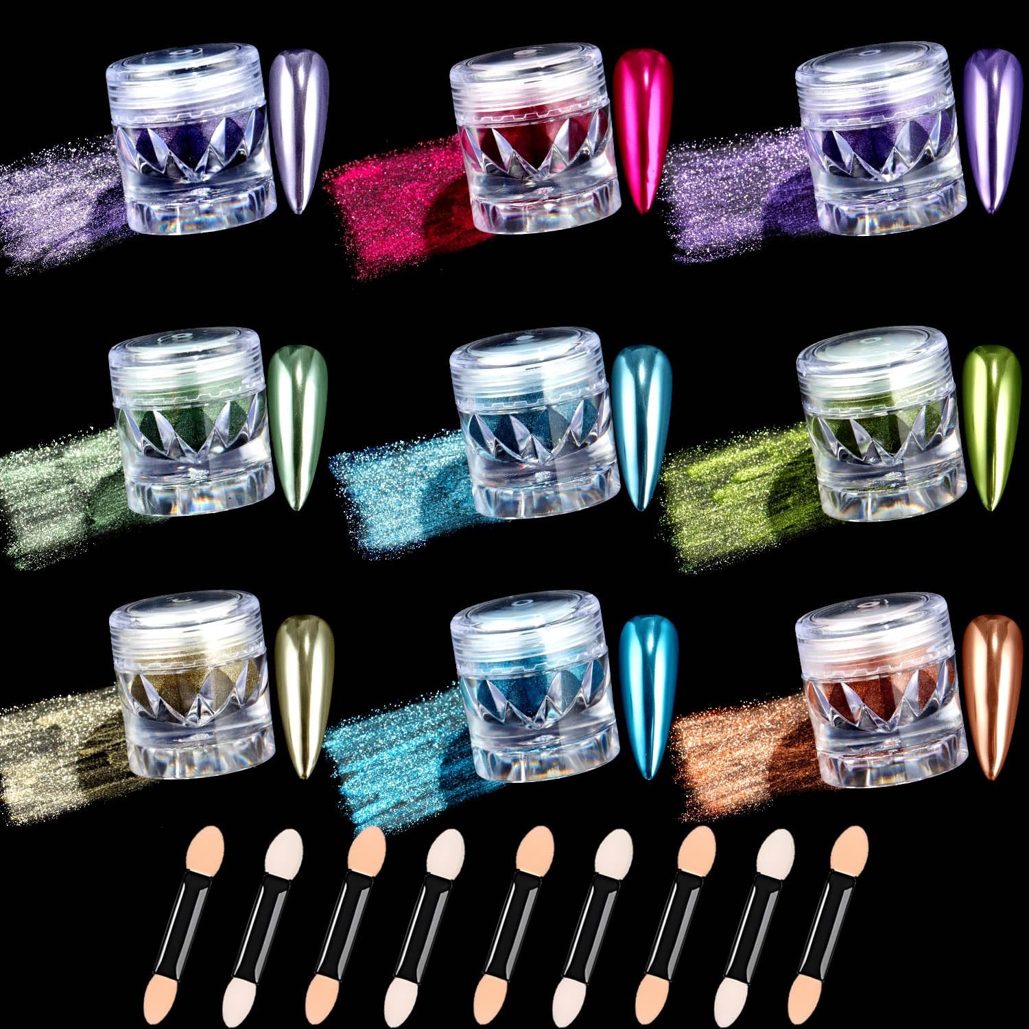 Chrome Mirror Effect Nail Powder Set, 9 Colors Metallic Pearlescent Nail Glit…
