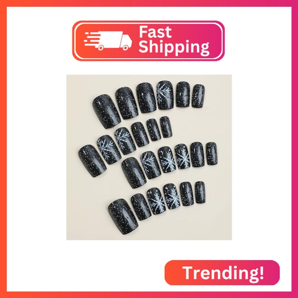 Christmas Black Press on Nails Short Square Fake Nails with White Snowflake Desi