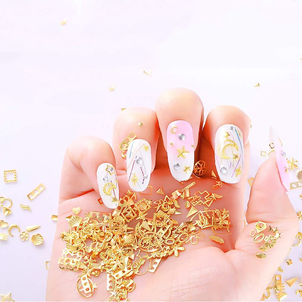 6 Boxes Gold 3D Nail Charms Star Moon Feather Nail Art Studs with Tools