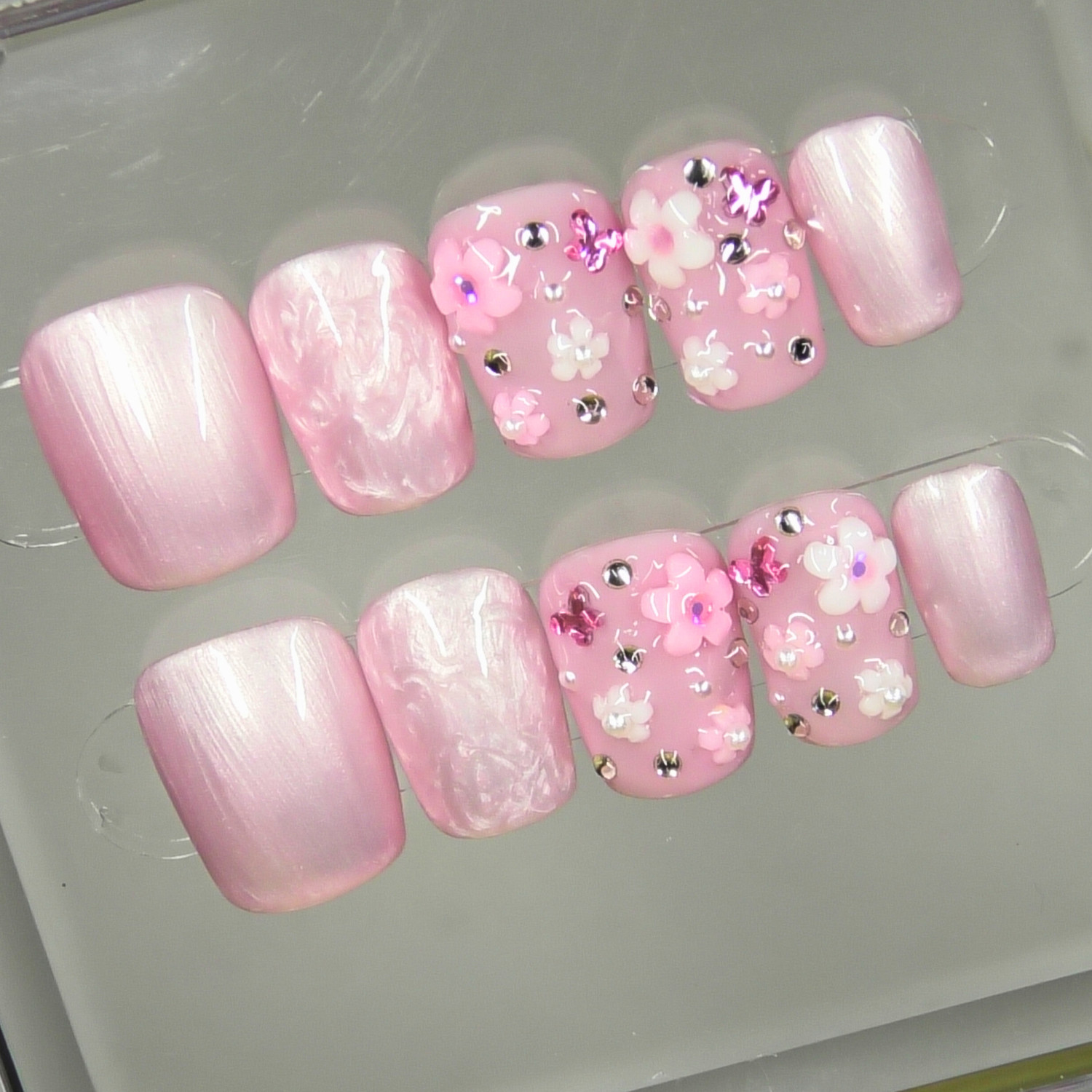 Press On Nails Handmade, Extra Short Coffin, Size Large, Pearl Floral Butterfly