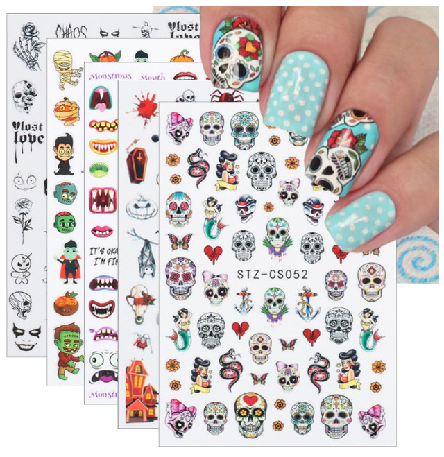 5 Sheets Halloween Skull Ghost Nail Art Stickers Clown Blood Scars Lips Decals