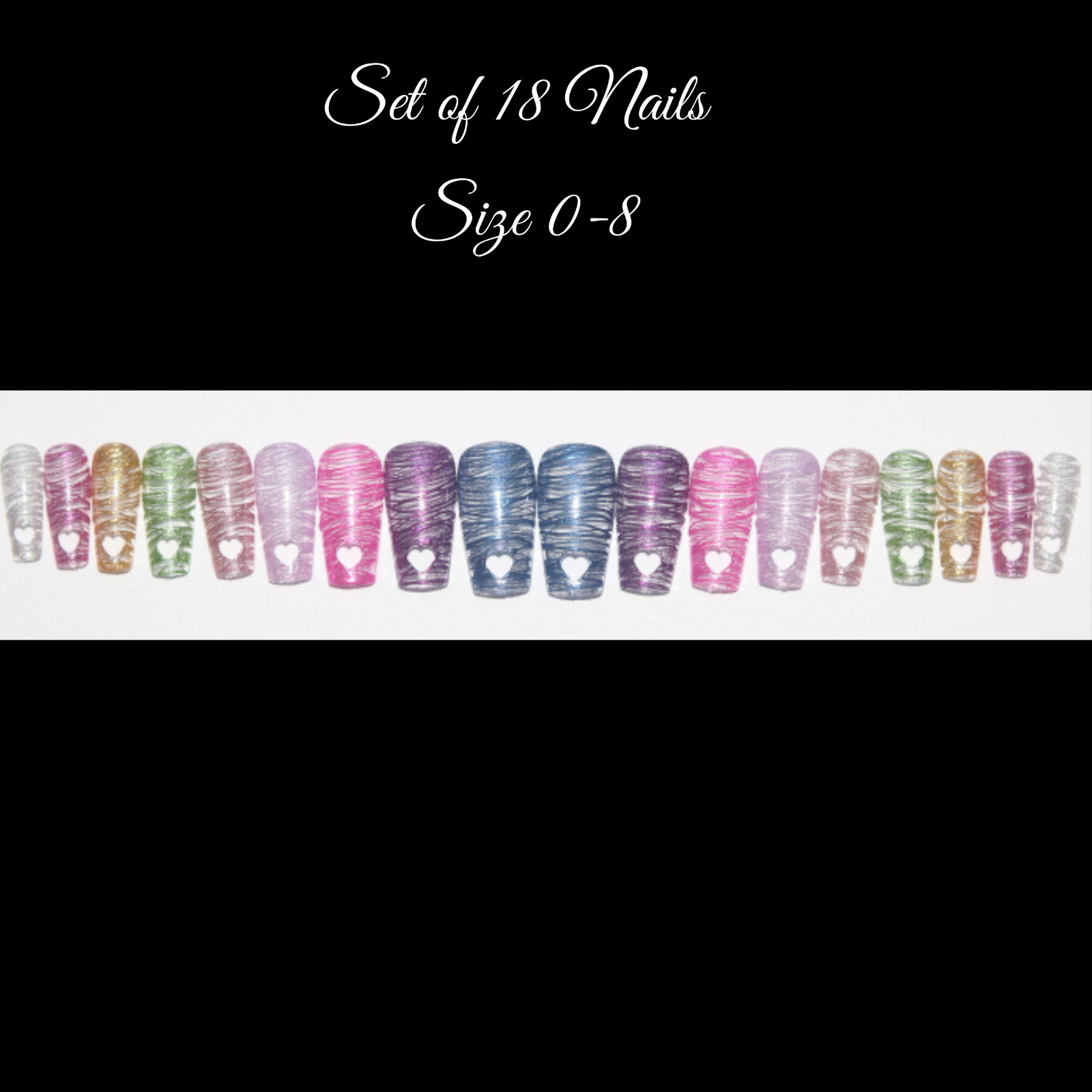Chrome Rainbow with Heart tips- press on nail set- Set of 18 sizes 0-8