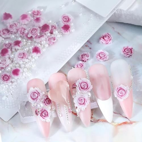 3D Rose Nail Art Charms Flower Nail Charms with Pearls Beads Flower Purple