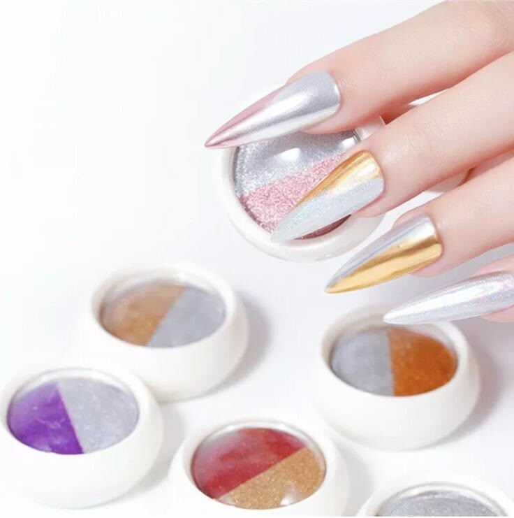 Nail Mirror Chrome Powder Two Colours Pressed Solid Rose Gold Silver Shimmer
