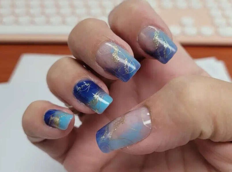 48 Pcs 2 Boxes Short Blue Gradient Press-On Nails Gold Metallic Marble Waves NIB