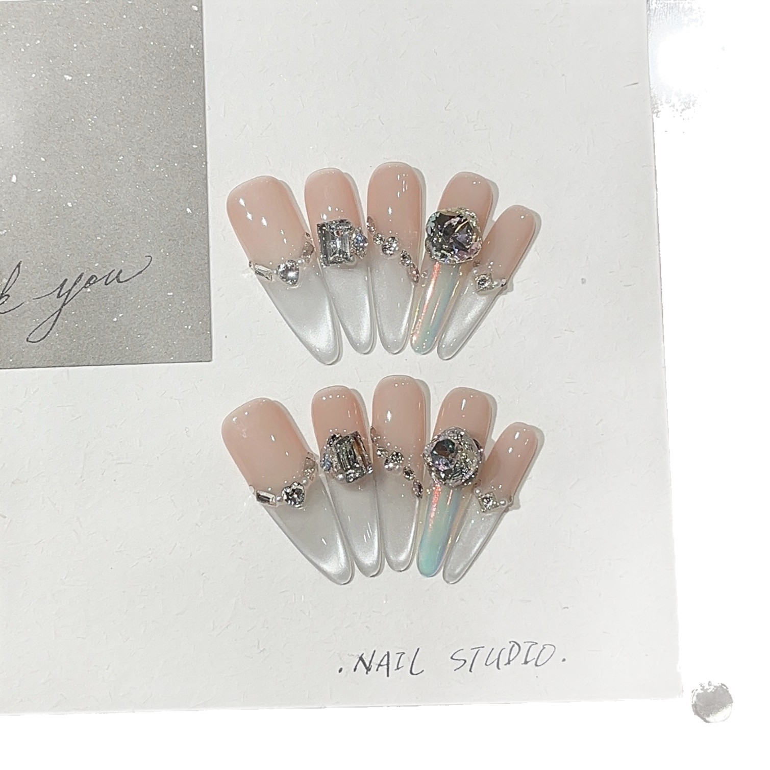 10Pcs Handmade White Moon Cat Eye Long Pointed Nails Full Rhinestones