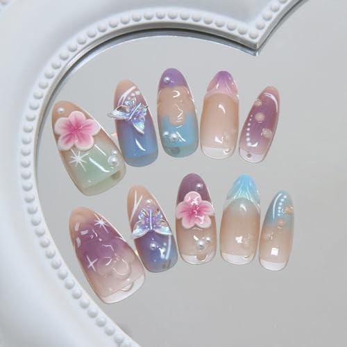 30Pcs Pink Flower Press on Nails Medium Almond Spring Summer Flower Nails-1