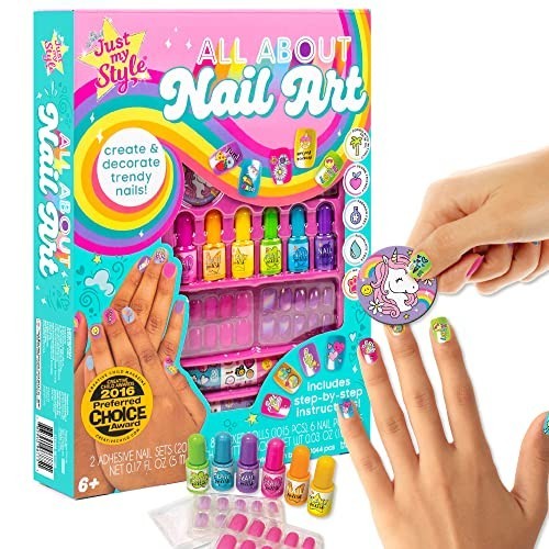 Nail Art Kit 6 Polishes 2 Adhesive Nail Sets Decals Glitter File Vegan