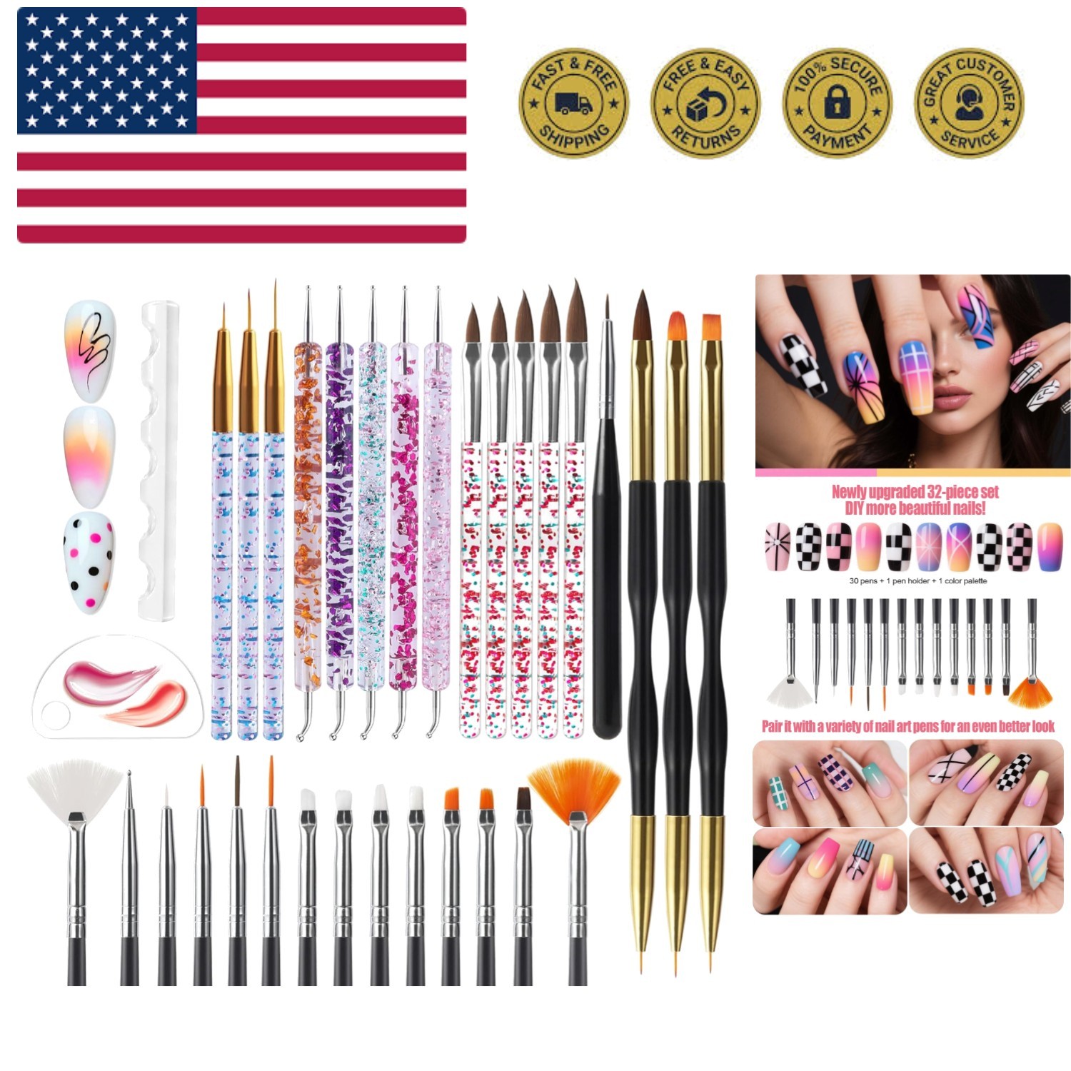 Nail Dotting Tools 32PCS Double-ended Nail Art Brushes Kit Nail Art Gel Polis…