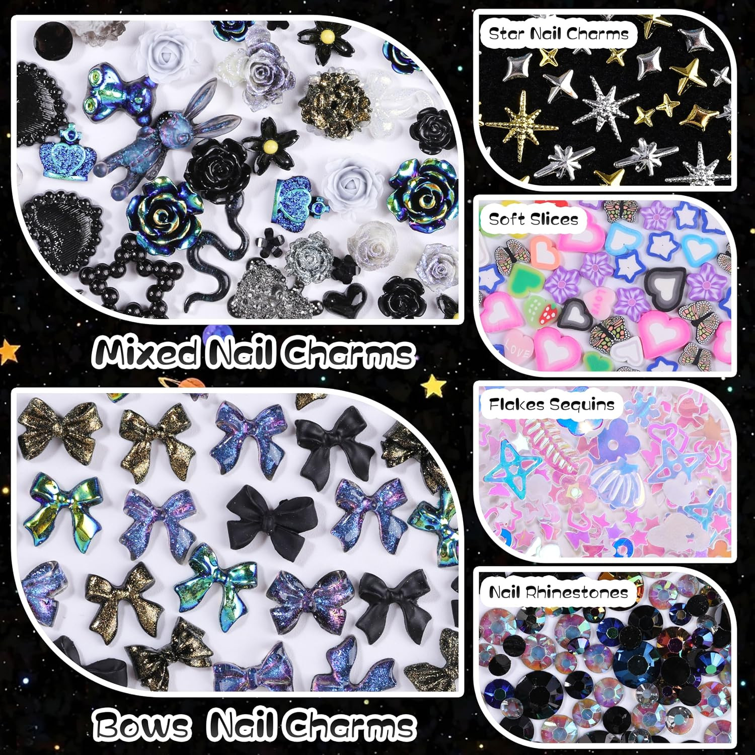 1500Pcs 3D Black Nail Charms for Acrylic Nails, Resin Butterfly Flower Star Hear