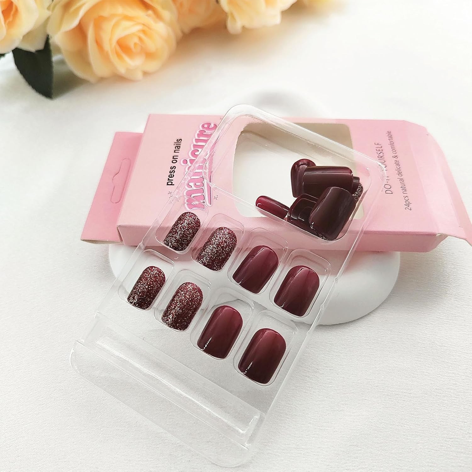 Press on Nails Short Burgundy Acrylic Nails Press ons Glossy Square Fake Nail…