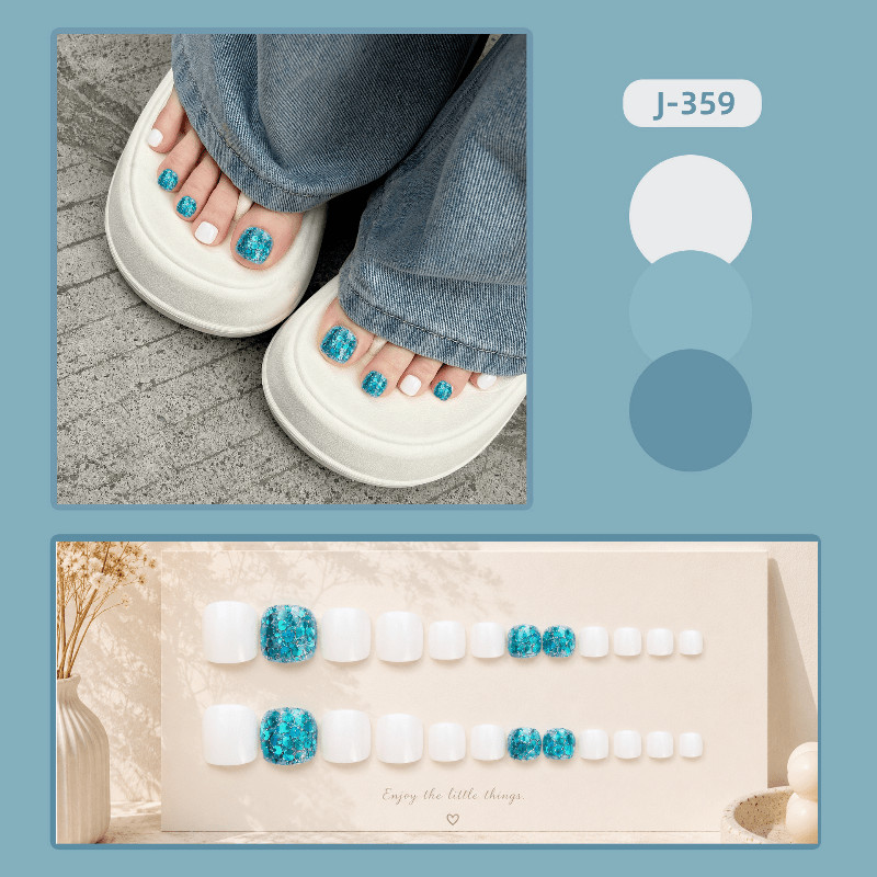 48pcs-Blue White Press on Toenails Glitter Solid Color Summer Beach Wear Set