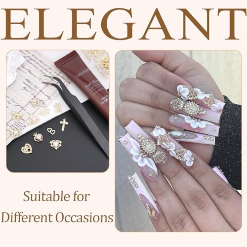 12 Grids Gold Nail Charms Kits Crystal Heart Nail Charms Sparkly Dollar Pink