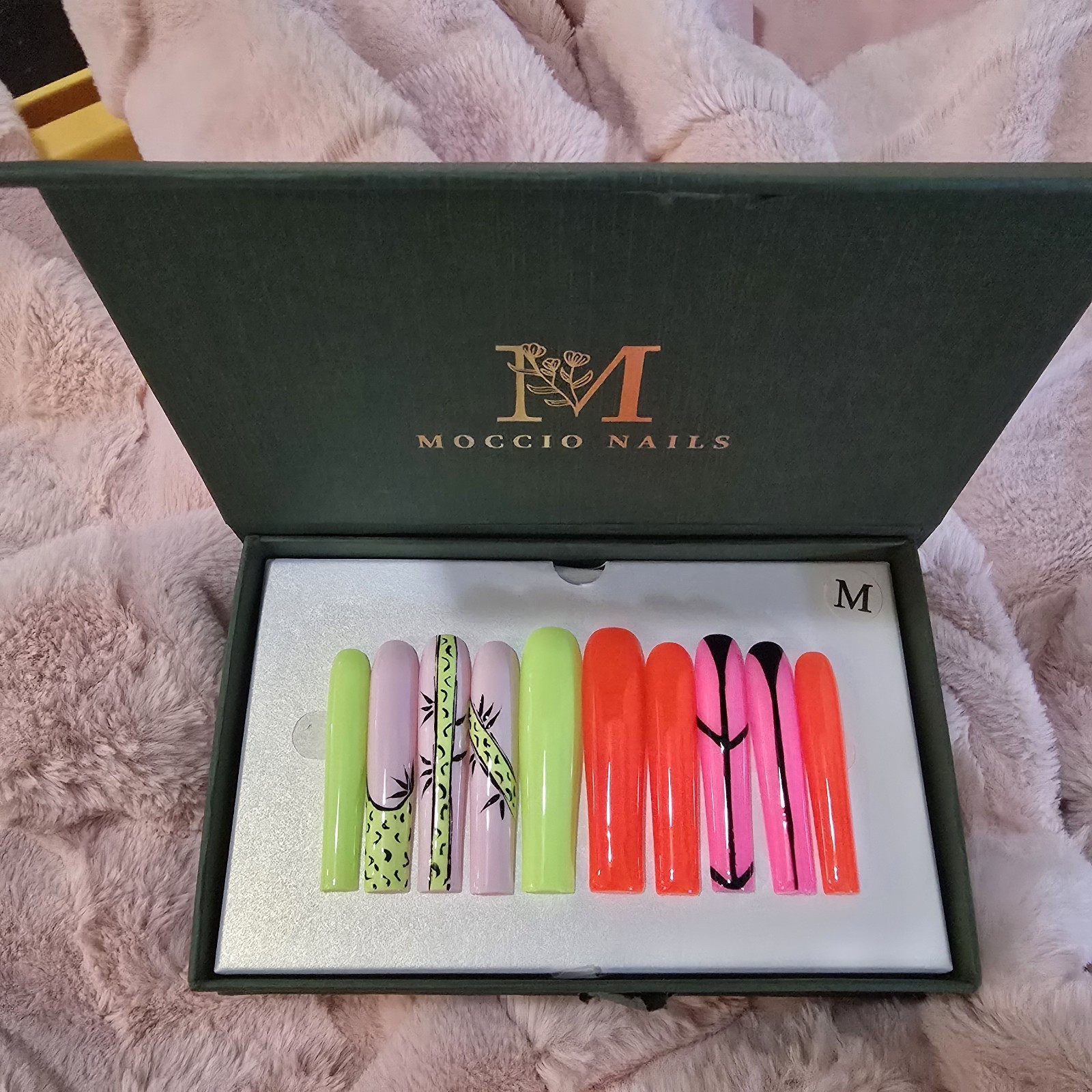 Press On Nails Long Square Neon Pink Orange Green Abstract Art Handmade Set Size